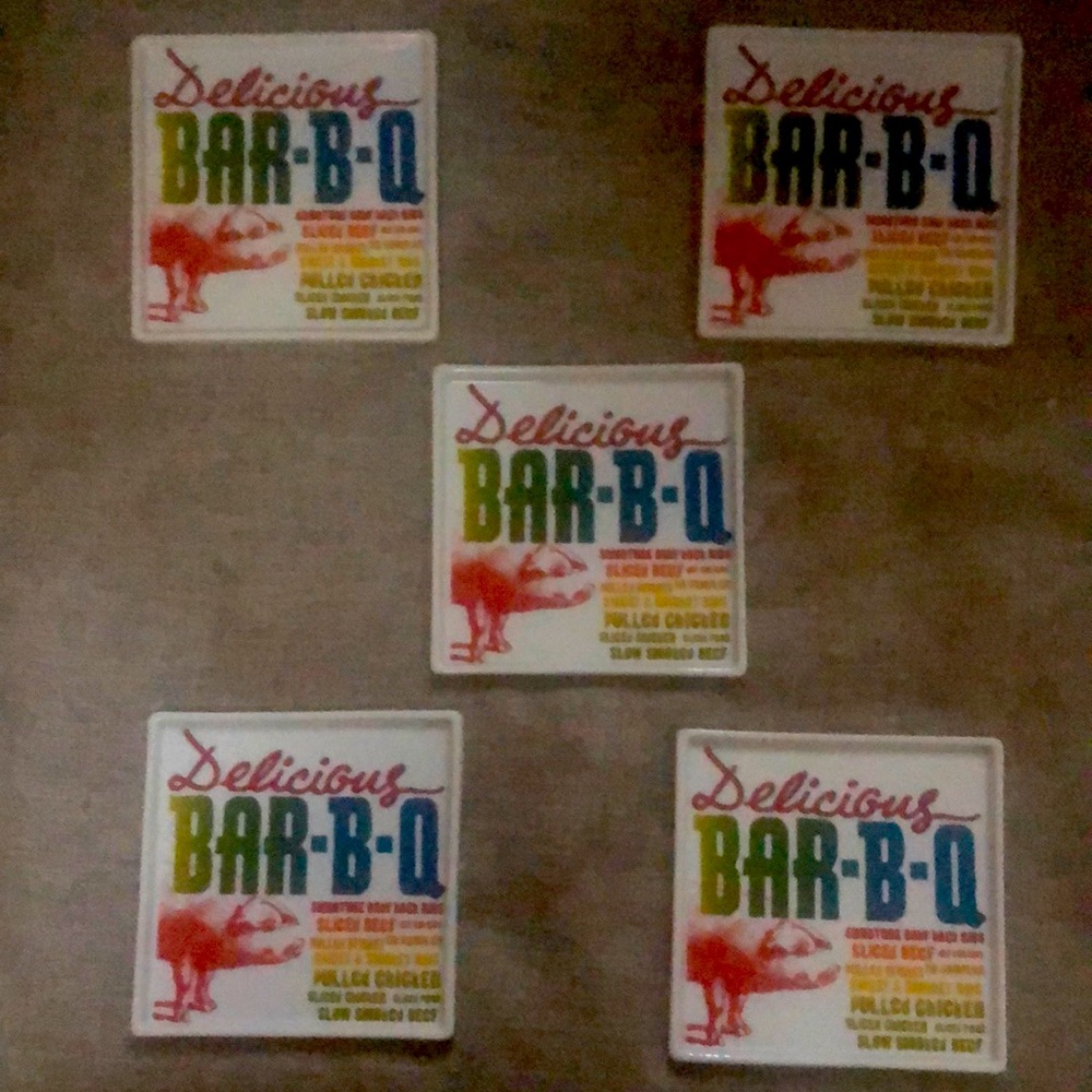 Crate & Barrel Bar-B-Q Menu Appetizer Square Plates- set of 5!